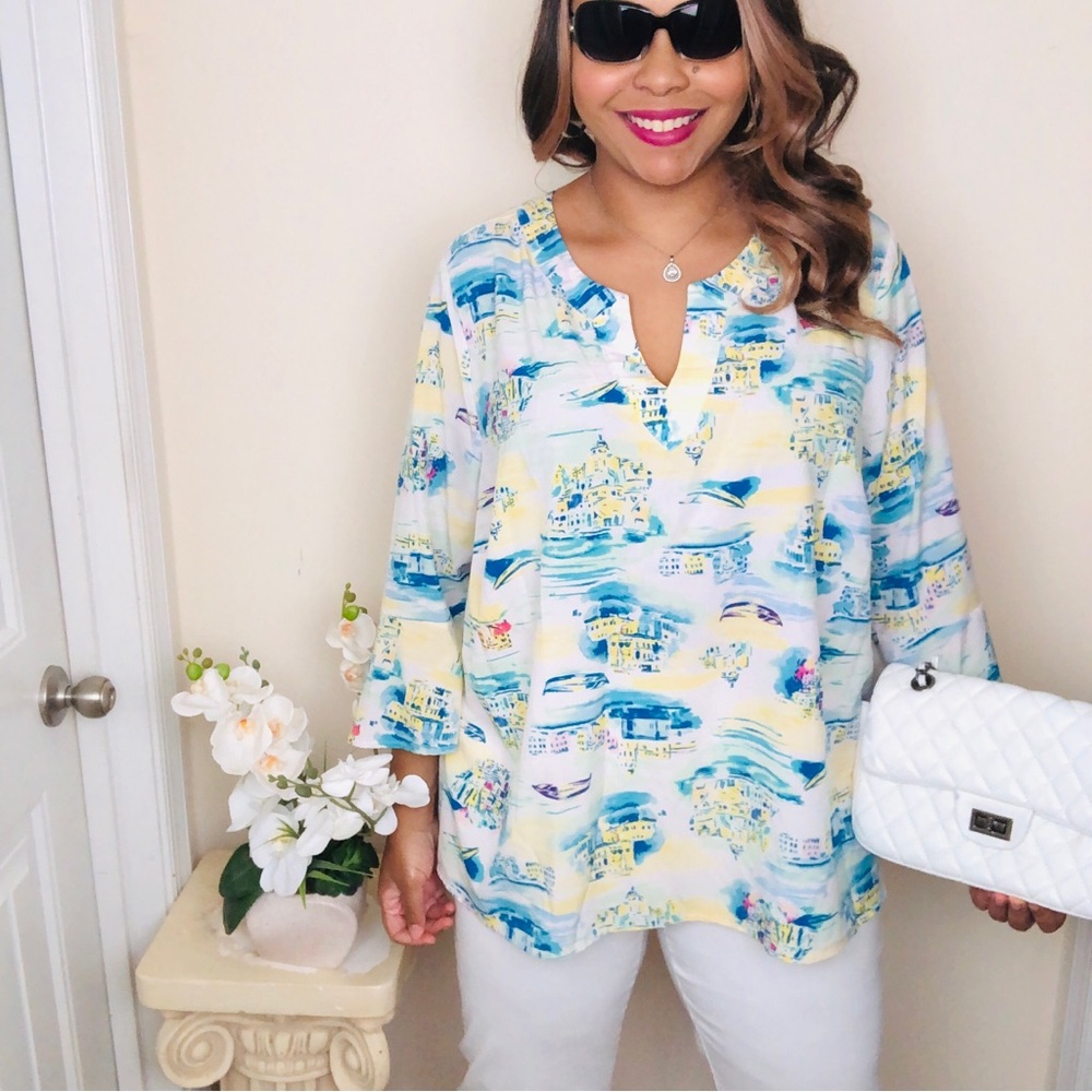 Kim Rogers Women's 2X White/Blue/Pink‎ Paris Boat Themed V Neck Flowy Blouse